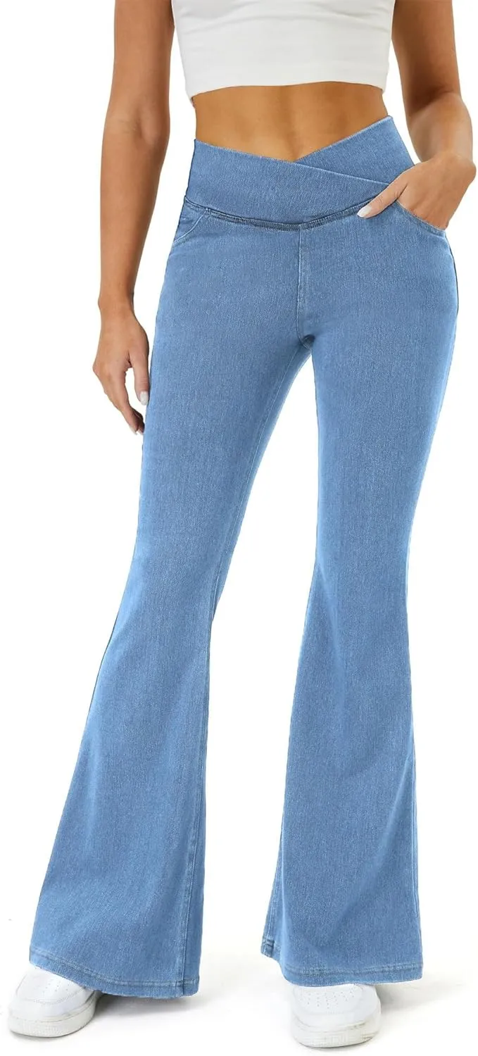 High Waisted Crossover Stretch Wide Leg Denim Flare Jegging, Stretchy Flare Leggings with Pockets, High Waisted Jeans