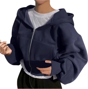 Jackets for Women Fashion Cropped Hoodie Jackets Spring Hooded Short Jackets Loose Fit Full-Zip Soild Casual Outwear