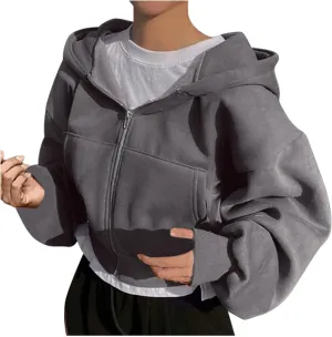 Jackets for Women Fashion Cropped Hoodie Jackets Spring Hooded Short Jackets Loose Fit Full-Zip Soild Casual Outwear
