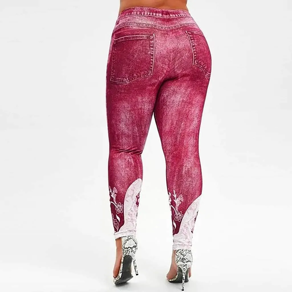 Jean Leggings for Women Plus Size Butterfly Printed Denim High Waisted Yoga Pants Stretch Jean Look Jeggings Tights