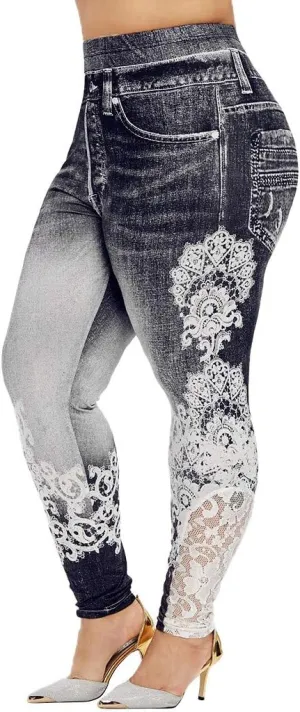 Jean Leggings for Women Plus Size Butterfly Printed Denim High Waisted Yoga Pants Stretch Jean Look Jeggings Tights