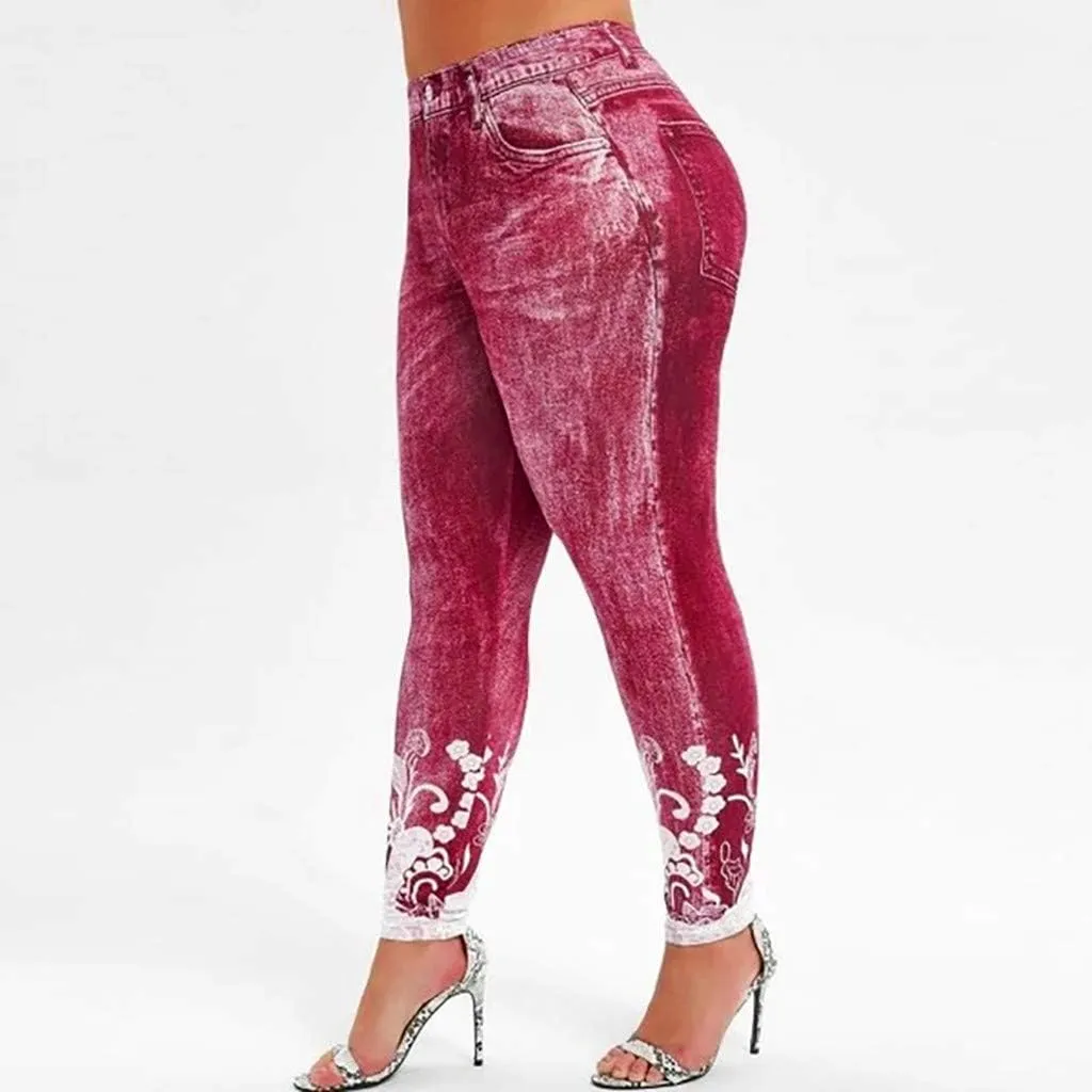 Jean Leggings for Women Plus Size Butterfly Printed Denim High Waisted Yoga Pants Stretch Jean Look Jeggings Tights