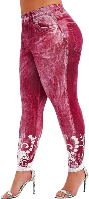 Jean Leggings for Women Plus Size Butterfly Printed Denim High Waisted Yoga Pants Stretch Jean Look Jeggings Tights