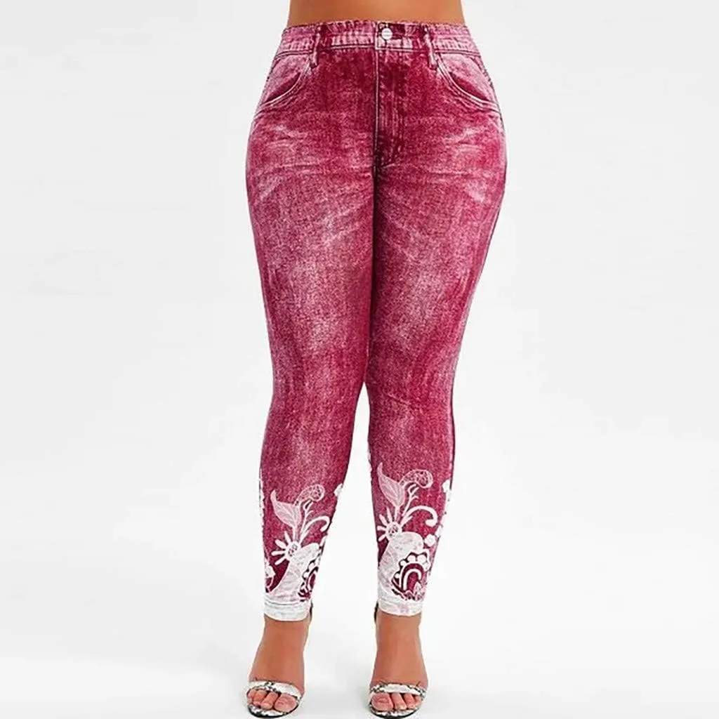 Jean Leggings for Women Plus Size Butterfly Printed Denim High Waisted Yoga Pants Stretch Jean Look Jeggings Tights