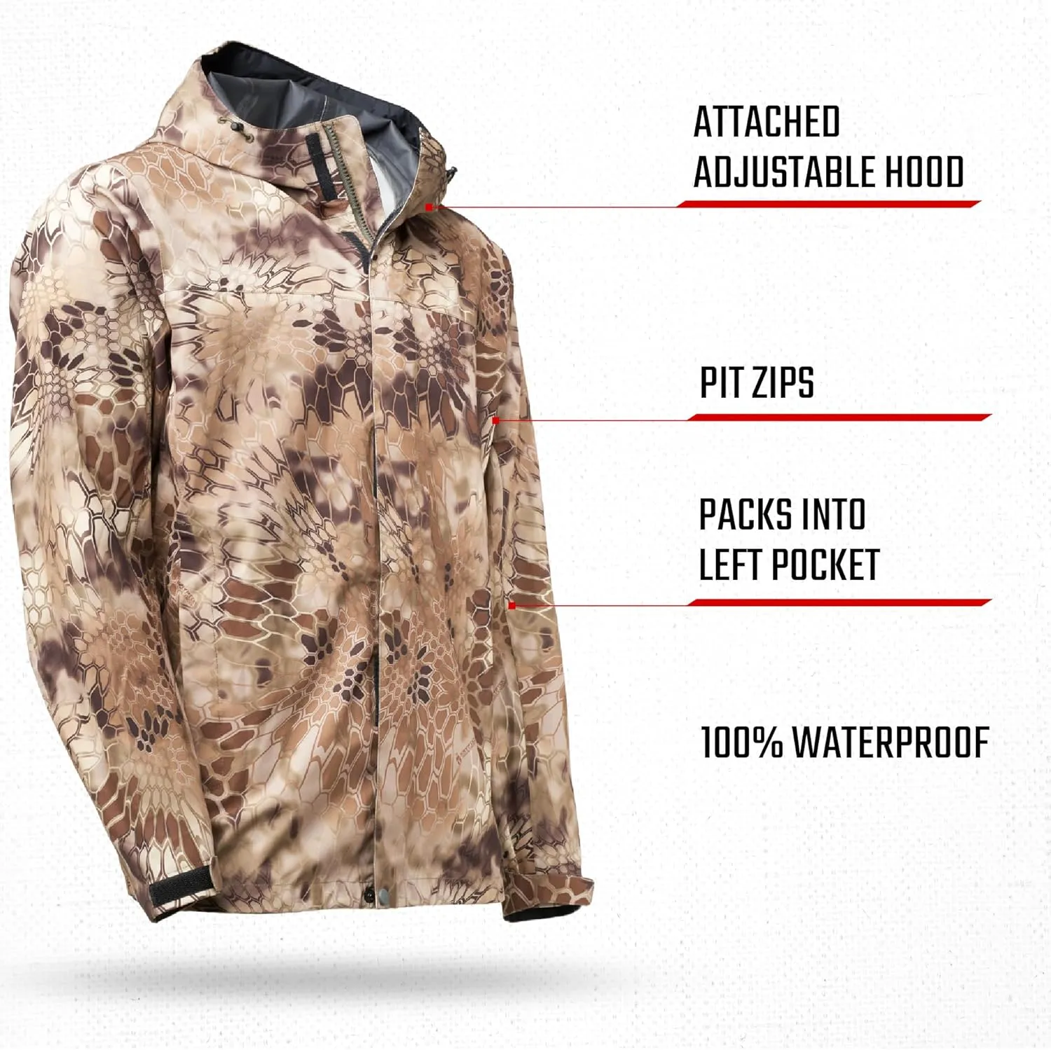 Kryptek Mens Jupiter Waterproof, Breathable, Packable Camo Hunting Jacket