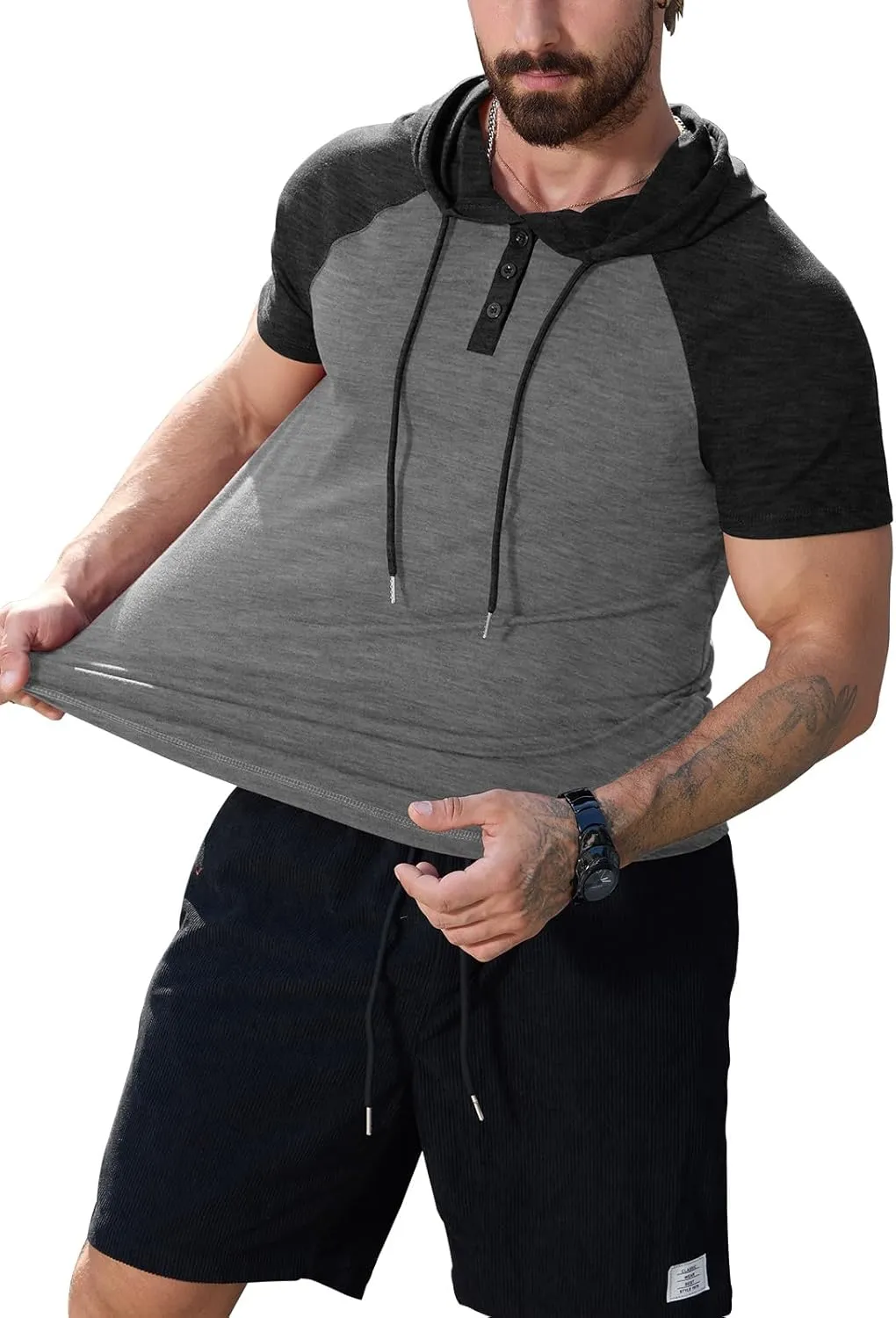 KUYIGO Mens Short Sleeve Hoodies Casual Athletic Workout Fashion Pullover Hooded Sweatshirt with Drawstring