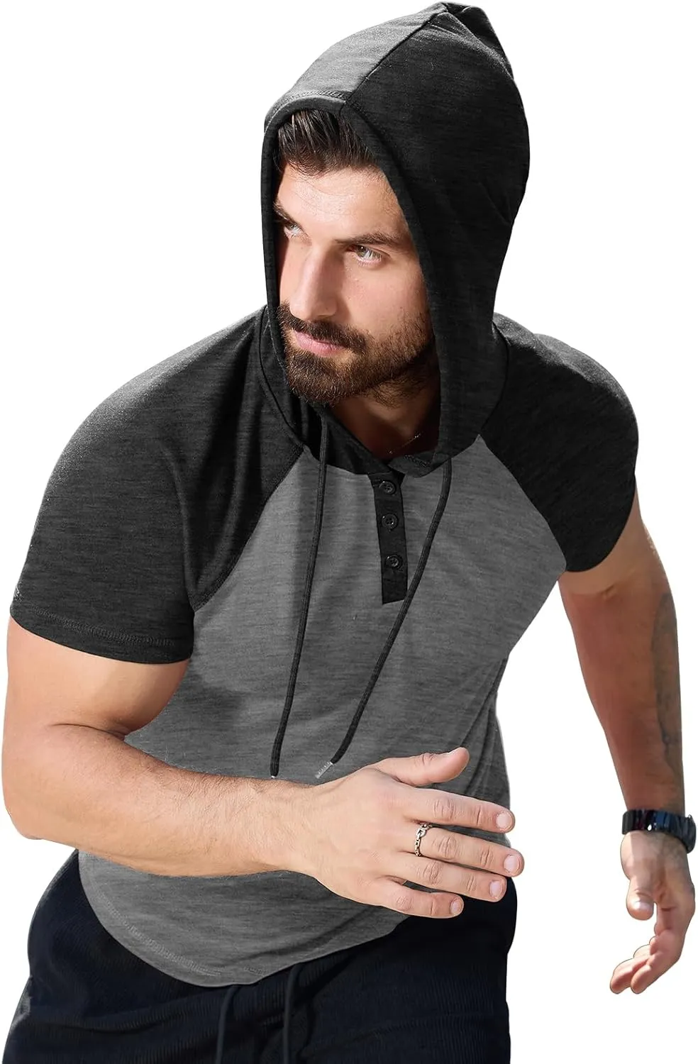 KUYIGO Mens Short Sleeve Hoodies Casual Athletic Workout Fashion Pullover Hooded Sweatshirt with Drawstring