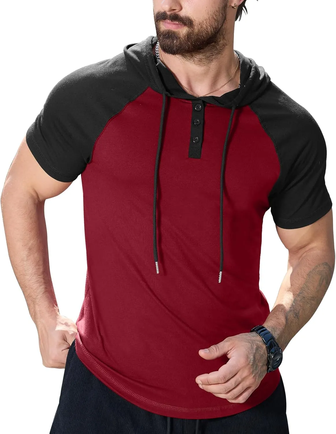 KUYIGO Mens Short Sleeve Hoodies Casual Athletic Workout Fashion Pullover Hooded Sweatshirt with Drawstring