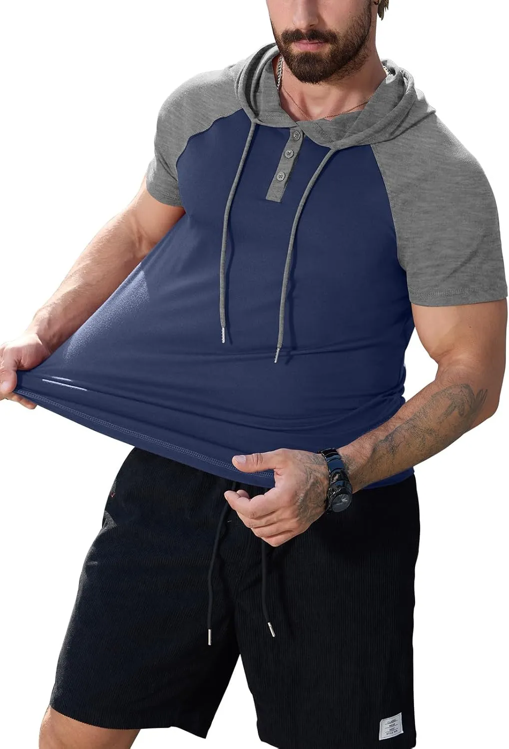 KUYIGO Mens Short Sleeve Hoodies Casual Athletic Workout Fashion Pullover Hooded Sweatshirt with Drawstring