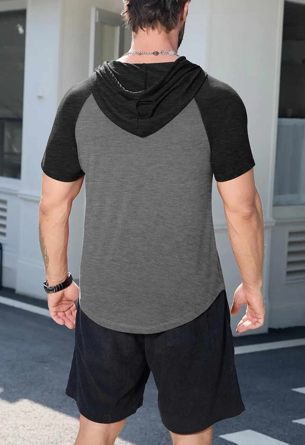 KUYIGO Mens Short Sleeve Hoodies Casual Athletic Workout Fashion Pullover Hooded Sweatshirt with Drawstring