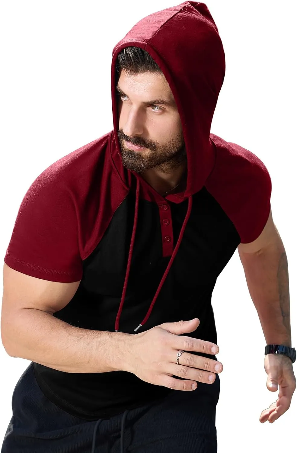 KUYIGO Mens Short Sleeve Hoodies Casual Athletic Workout Fashion Pullover Hooded Sweatshirt with Drawstring