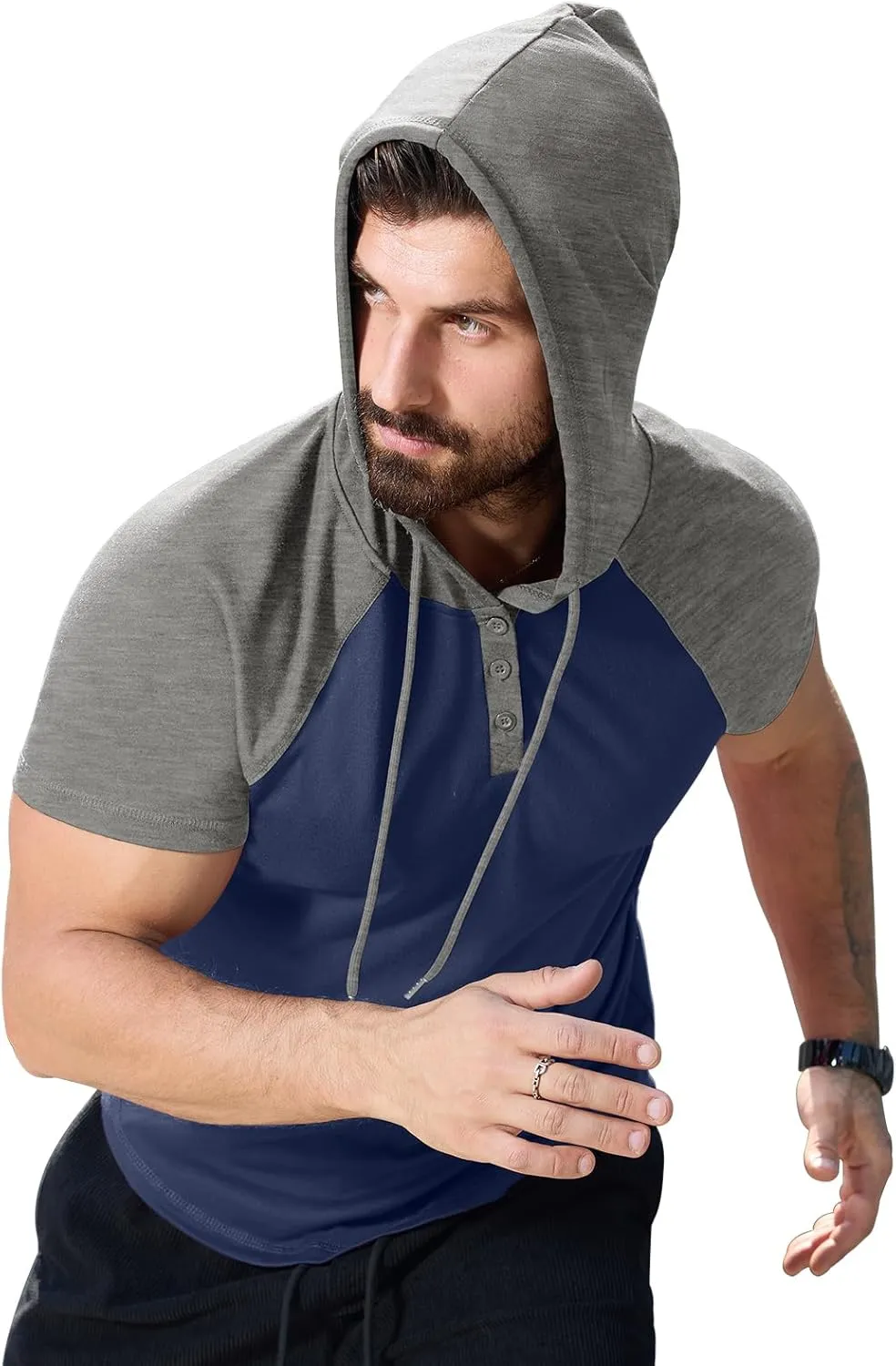 KUYIGO Mens Short Sleeve Hoodies Casual Athletic Workout Fashion Pullover Hooded Sweatshirt with Drawstring