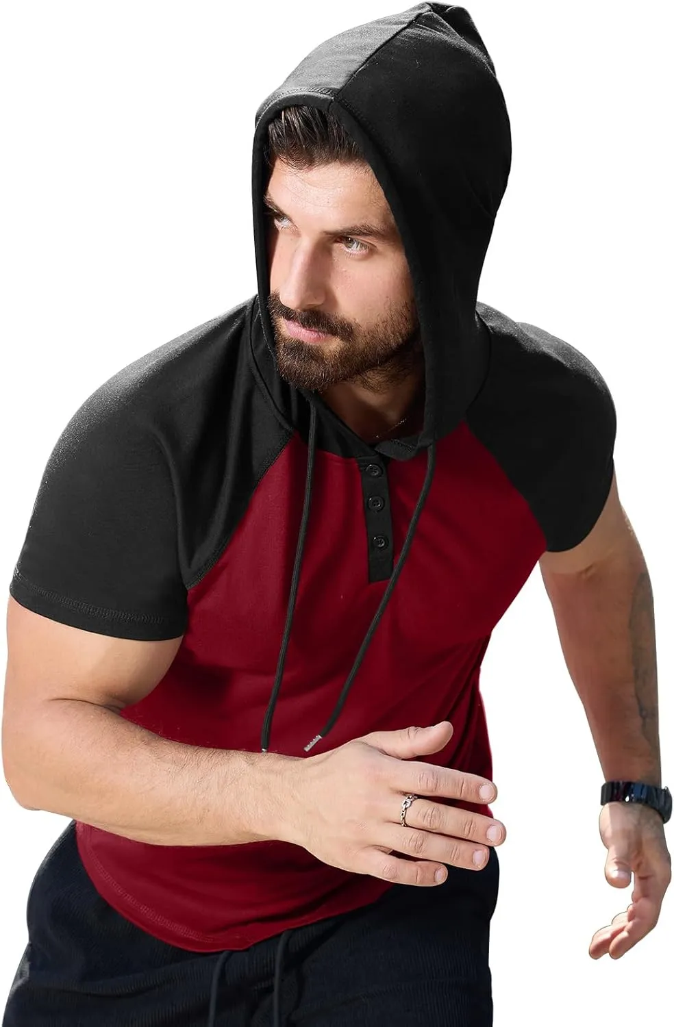 KUYIGO Mens Short Sleeve Hoodies Casual Athletic Workout Fashion Pullover Hooded Sweatshirt with Drawstring