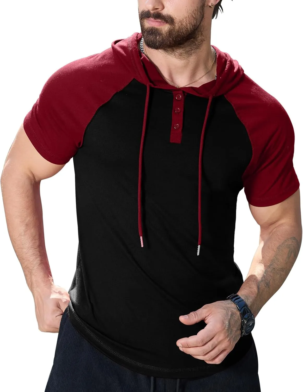 KUYIGO Mens Short Sleeve Hoodies Casual Athletic Workout Fashion Pullover Hooded Sweatshirt with Drawstring