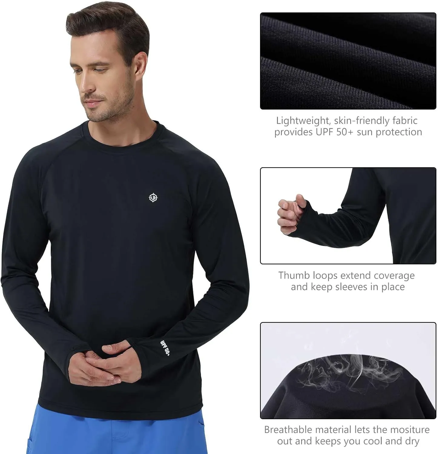 Lightbare Men’s UPF 50  UV Sun Protection Lightweight Long Sleeve T-Shirt Quick Dry for Outdoor Hiking Running