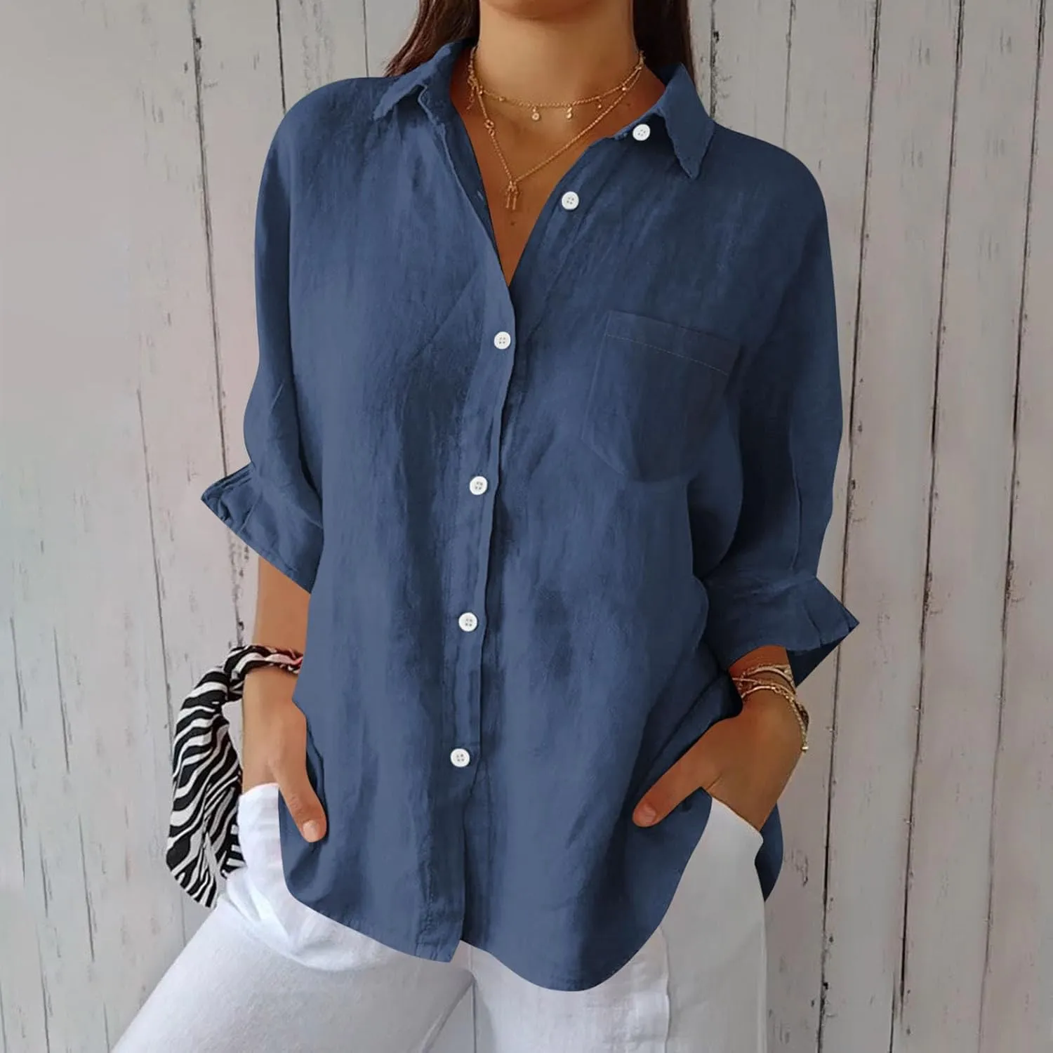 Linen Shirts for Women Summer Cotton Linen V Neck Long Sleeve Tops Oversized Blouse Loose Vacation Beach Solid Coverup