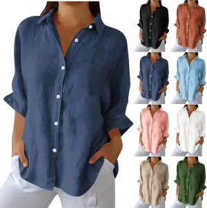 Linen Shirts for Women Summer Cotton Linen V Neck Long Sleeve Tops Oversized Blouse Loose Vacation Beach Solid Coverup