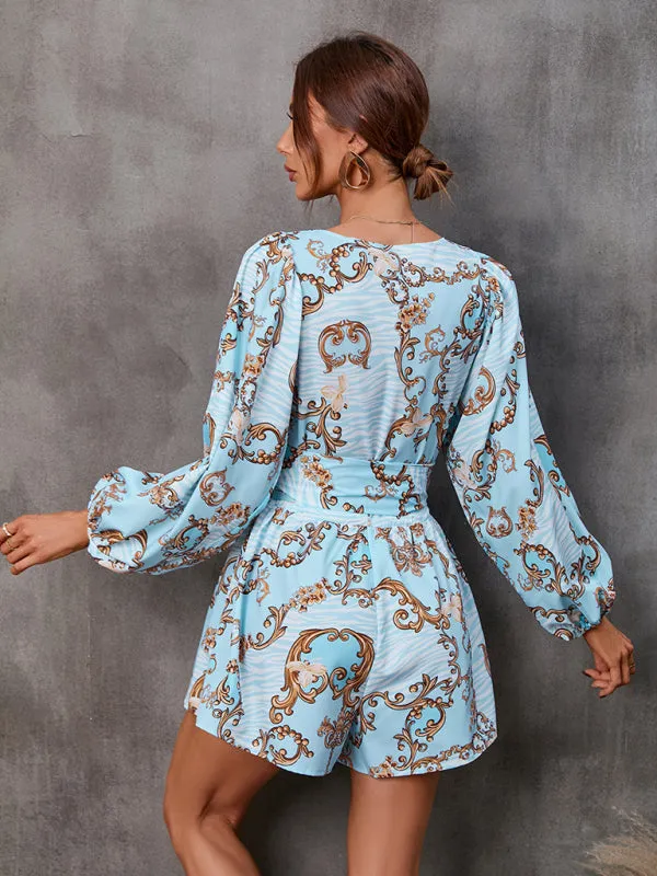 Long-sleeved short V-neck jumpsuit