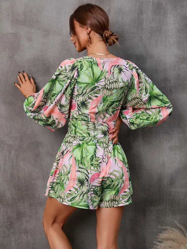 Long-sleeved short V-neck jumpsuit