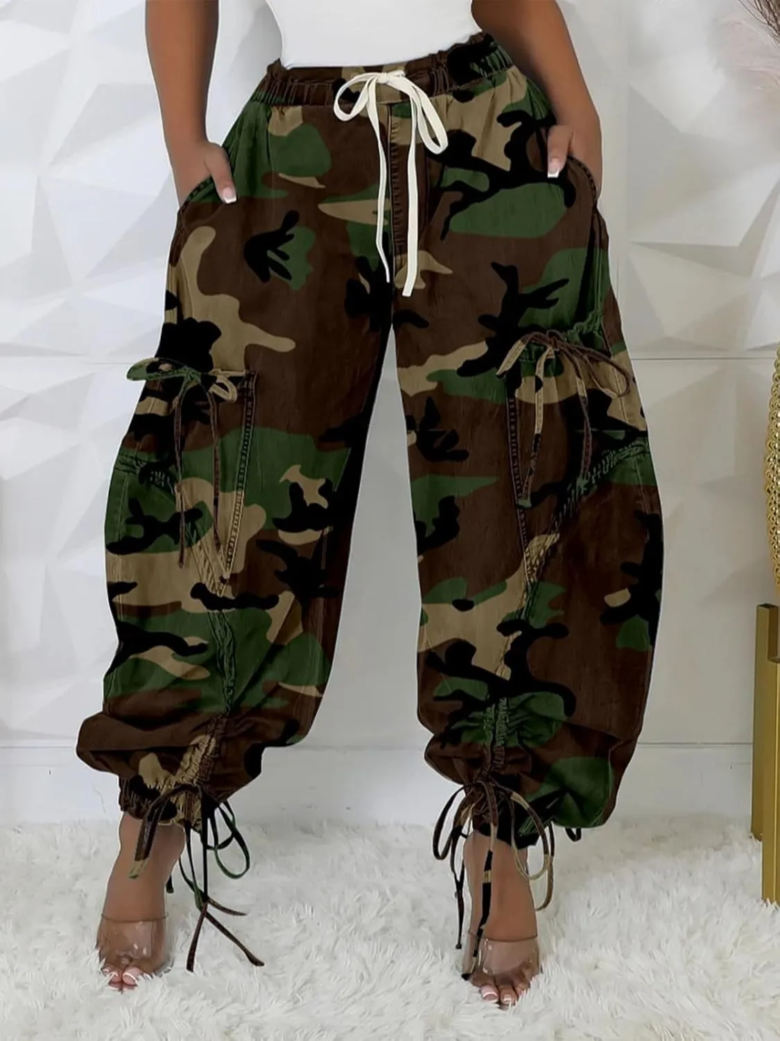 LROSEY Women's Baggy Cargo Barrel Jeans Wide Leg Denim Drawstrings Bow Tie High Waisted Harem Pants Joggers