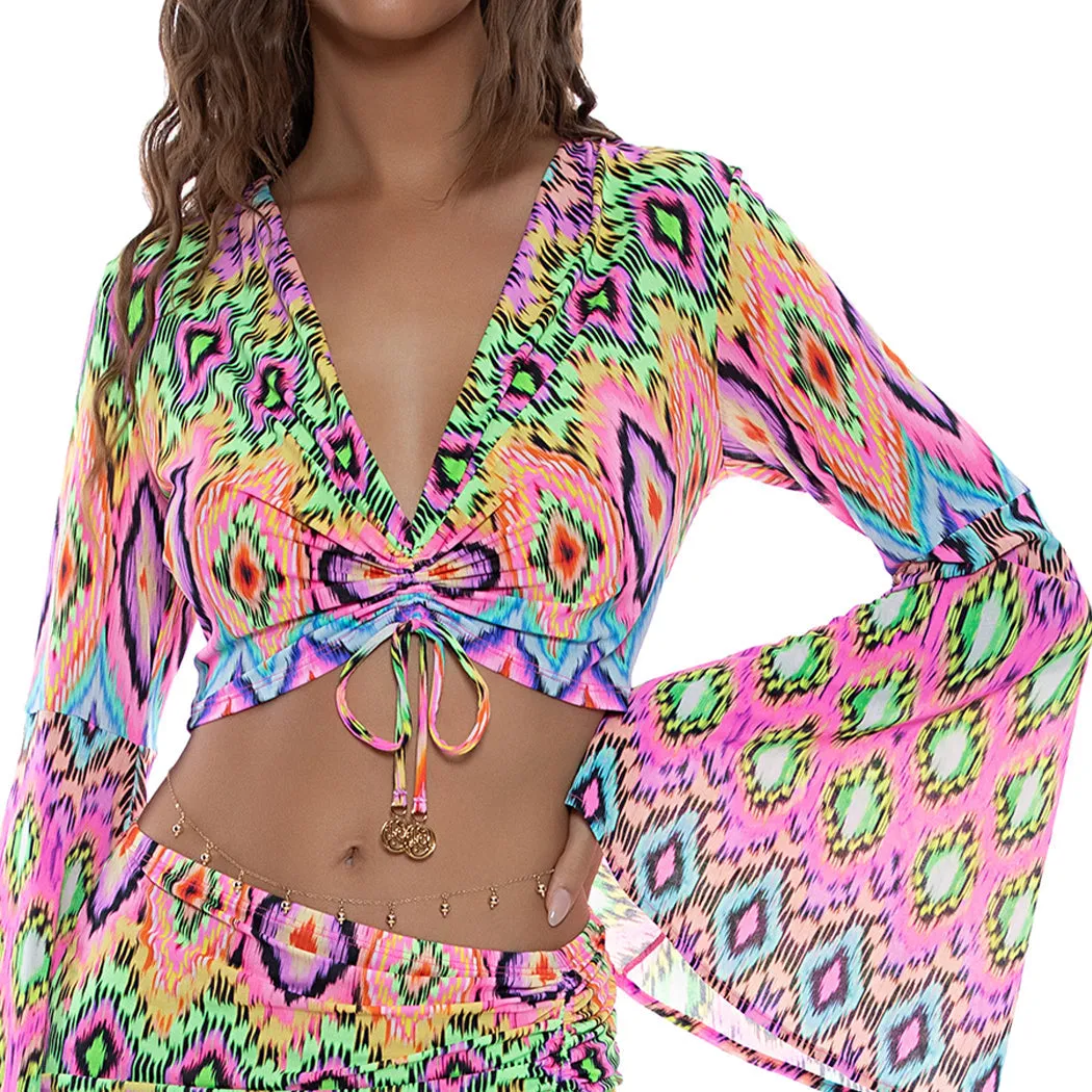 Luli Fama Women's Miami Sorbet - Bell Sleeve Scrunched Crop Top