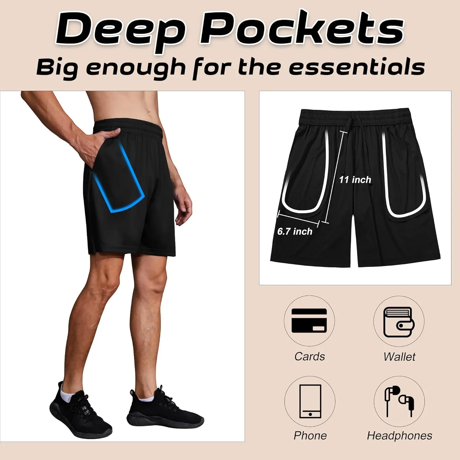 Men Athletic Shorts Inseam 7" Basketball Gym Running Shorts with Pockets and Elastic Waistband Quick Dry