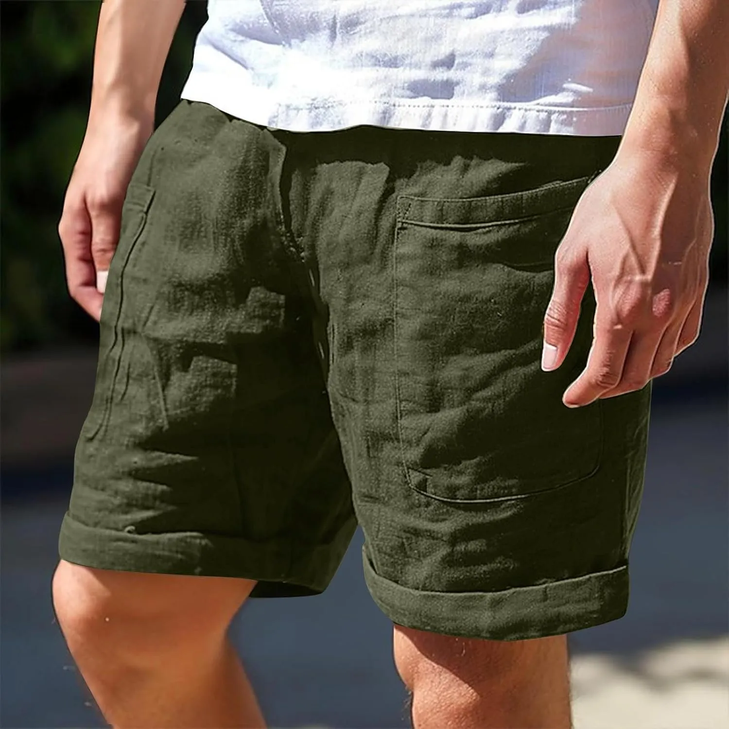 Men Beach Shorts with Pockets Casual Summer Shorts Drawstring Elastic Waist Shorts Loose Cotton Shorts Lounge Shorts