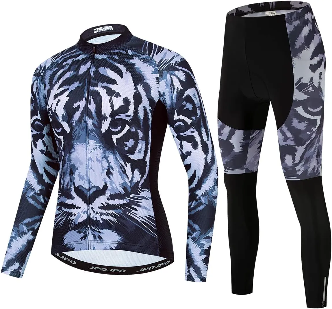 Men Cycling Clothing Set Long Sleeve Jacket Road Bike Jersey Kit Bicycle Shirt Tops Gel Padded Reflective Tights Pants