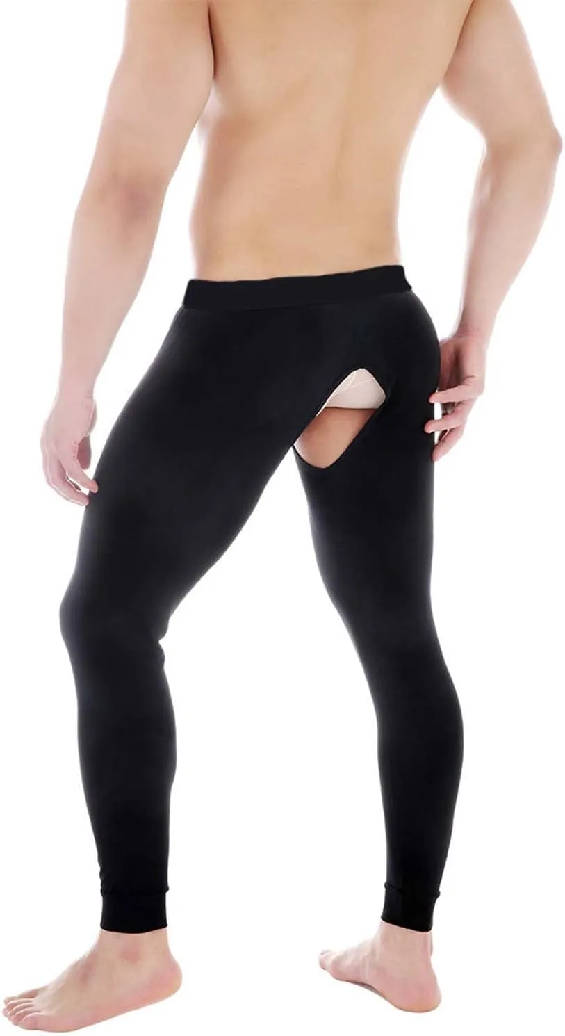 Men Thermal Underwear Bottoms with Open Front Leggings Tights Slim Fit Stretchy Long Johns Compression Pants