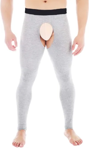 Men Thermal Underwear Bottoms with Open Front Leggings Tights Slim Fit Stretchy Long Johns Compression Pants