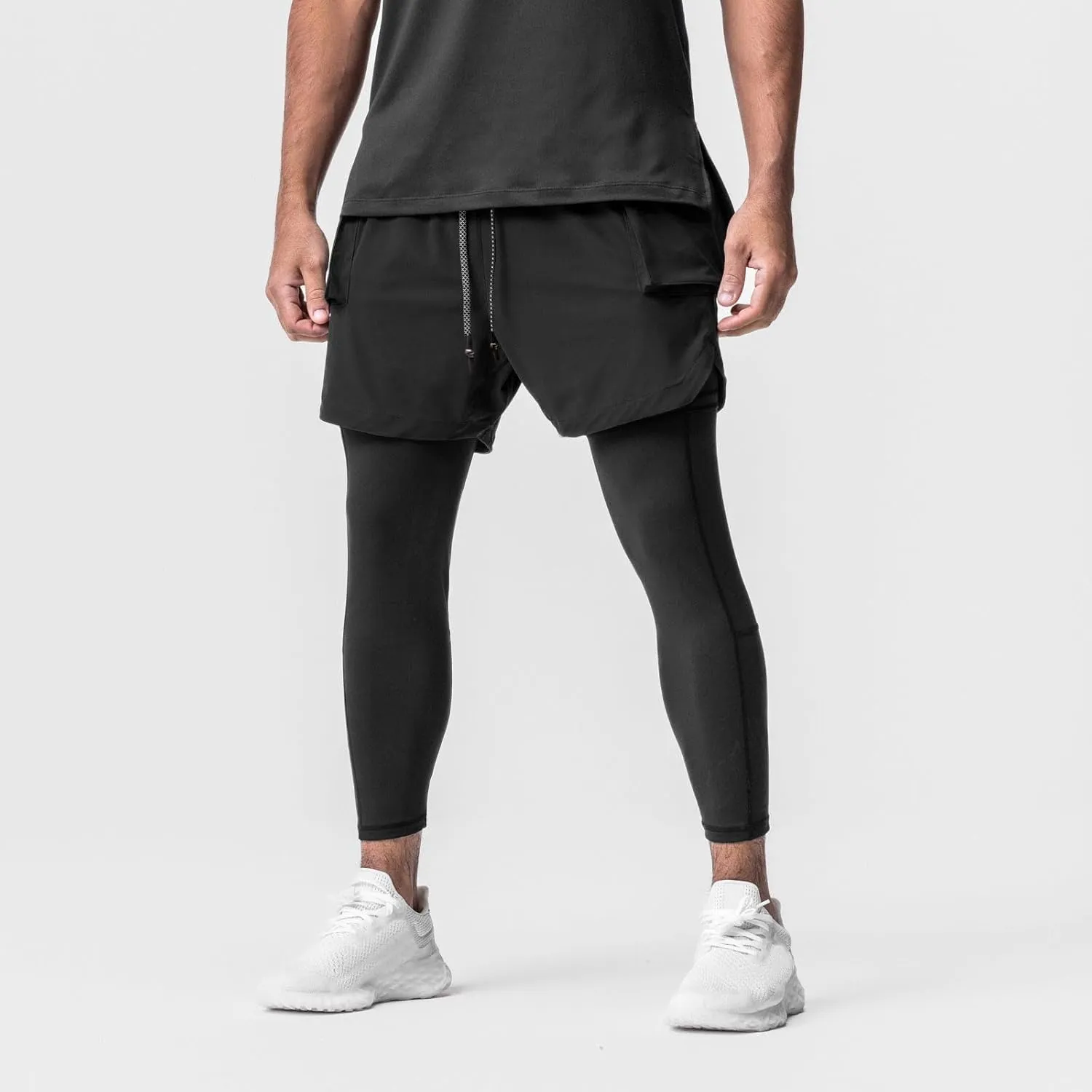 Men's 2 in 1 Running Pants Compression Athletic Pants Tights Quick Dry Gym Workout Legging Shorts with Zipper Pockets
