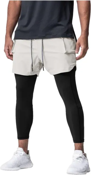 Men's 2 in 1 Running Pants Compression Athletic Pants Tights Quick Dry Gym Workout Legging Shorts with Zipper Pockets