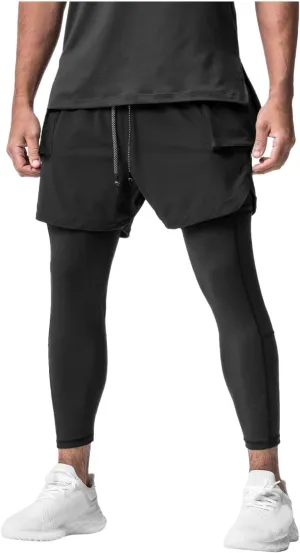 Men's 2 in 1 Running Pants Compression Athletic Pants Tights Quick Dry Gym Workout Legging Shorts with Zipper Pockets