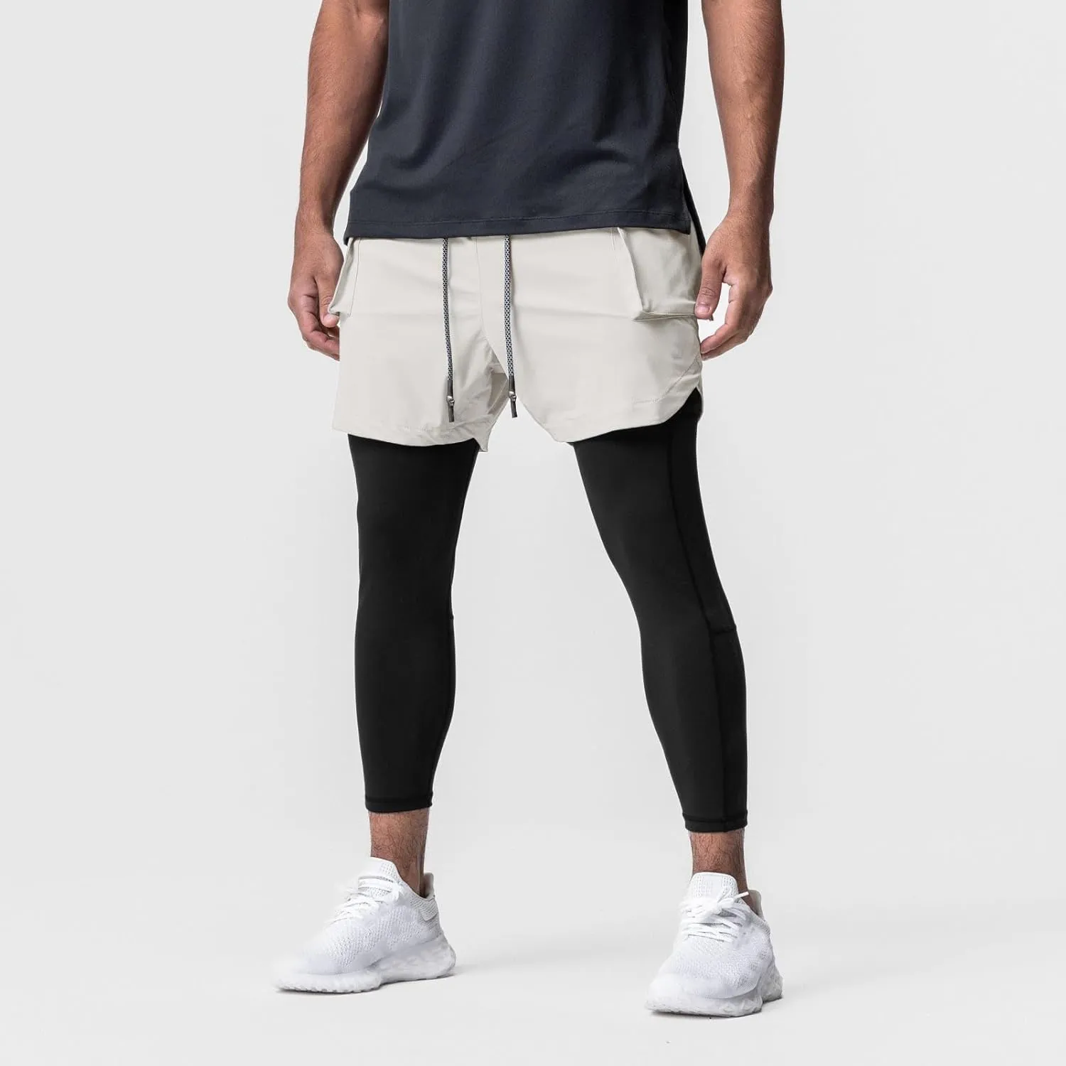 Men's 2 in 1 Running Pants Compression Athletic Pants Tights Quick Dry Gym Workout Legging Shorts with Zipper Pockets