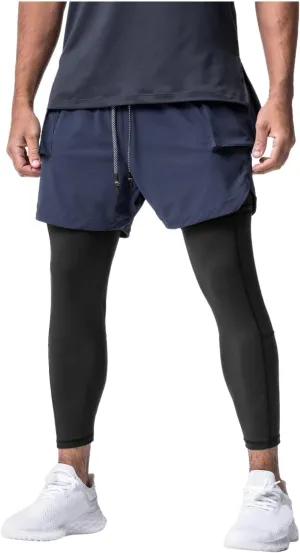 Men's 2 in 1 Running Pants Compression Athletic Pants Tights Quick Dry Workout Gym Active Shorts with Zipper Pockets