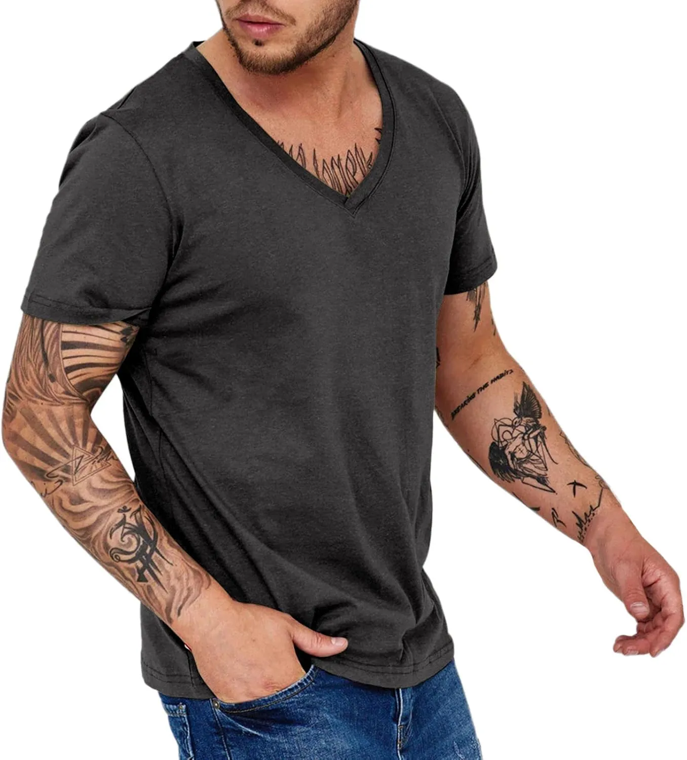Mens Basic Shirts Quick Dry Workout Running Athletic Tees Short Sleeve V-Neck Casual T-Shirts Breathable Summer Tops