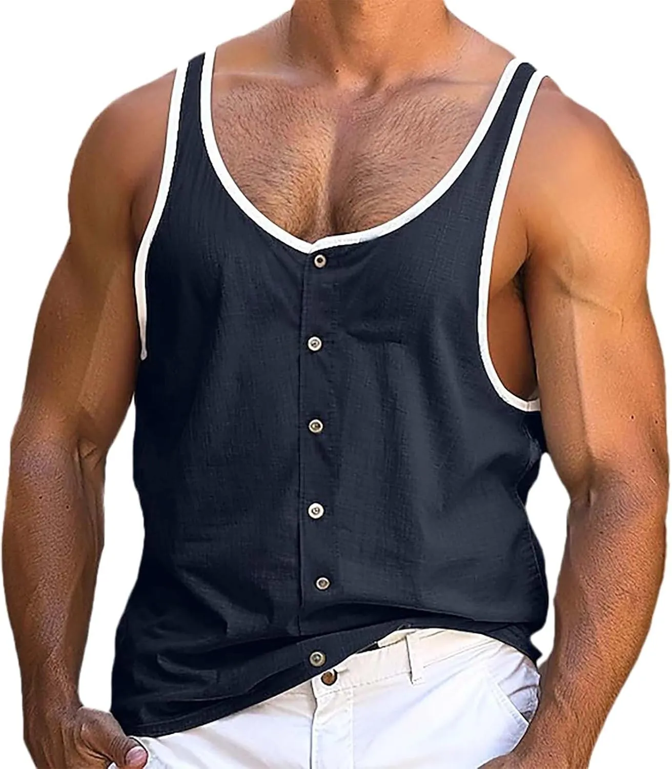 Men's Button Down Tank Top Solid Color Fashion Sleeveless Top Gym Workout Running Athletic Quick Dry Summer Muscle Shirt