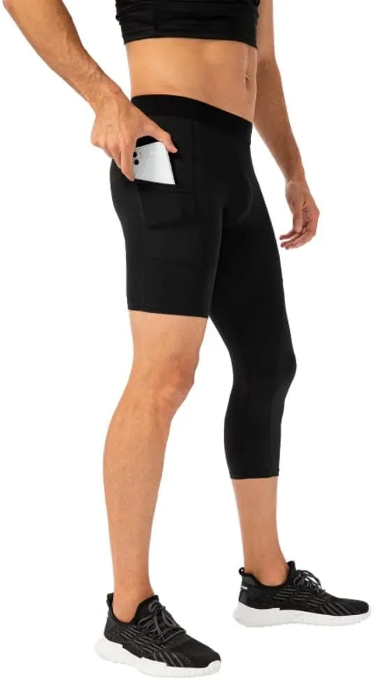 Men's Compression Pants One Leg Compression Tights for Basketball Capri 3/4 Athletic Leggings Cool Dry Baselayer