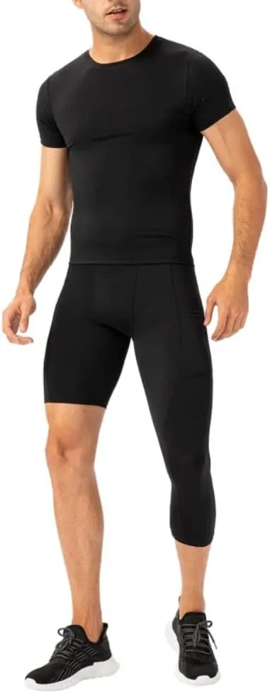 Men's Compression Pants One Leg Compression Tights for Basketball Capri 3/4 Athletic Leggings Cool Dry Baselayer
