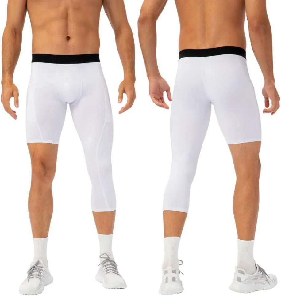 Men's Compression Pants One Leg Compression Tights for Basketball Capri 3/4 Athletic Leggings Cool Dry Baselayer