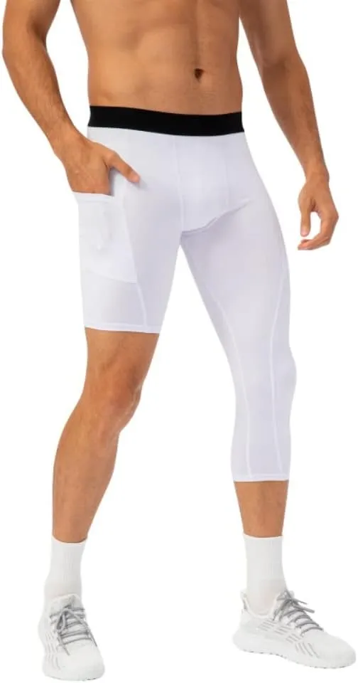 Men's Compression Pants One Leg Compression Tights for Basketball Capri 3/4 Athletic Leggings Cool Dry Baselayer