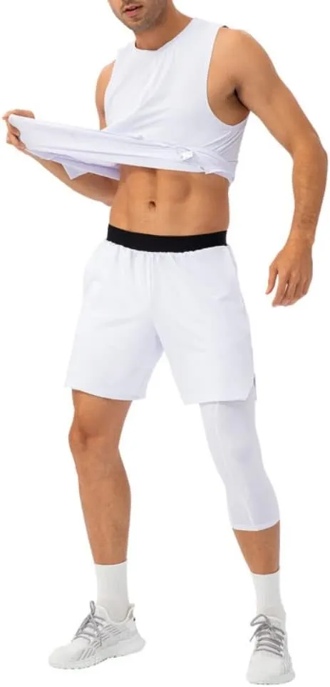 Men's Compression Pants One Leg Compression Tights for Basketball Capri 3/4 Athletic Leggings Cool Dry Baselayer