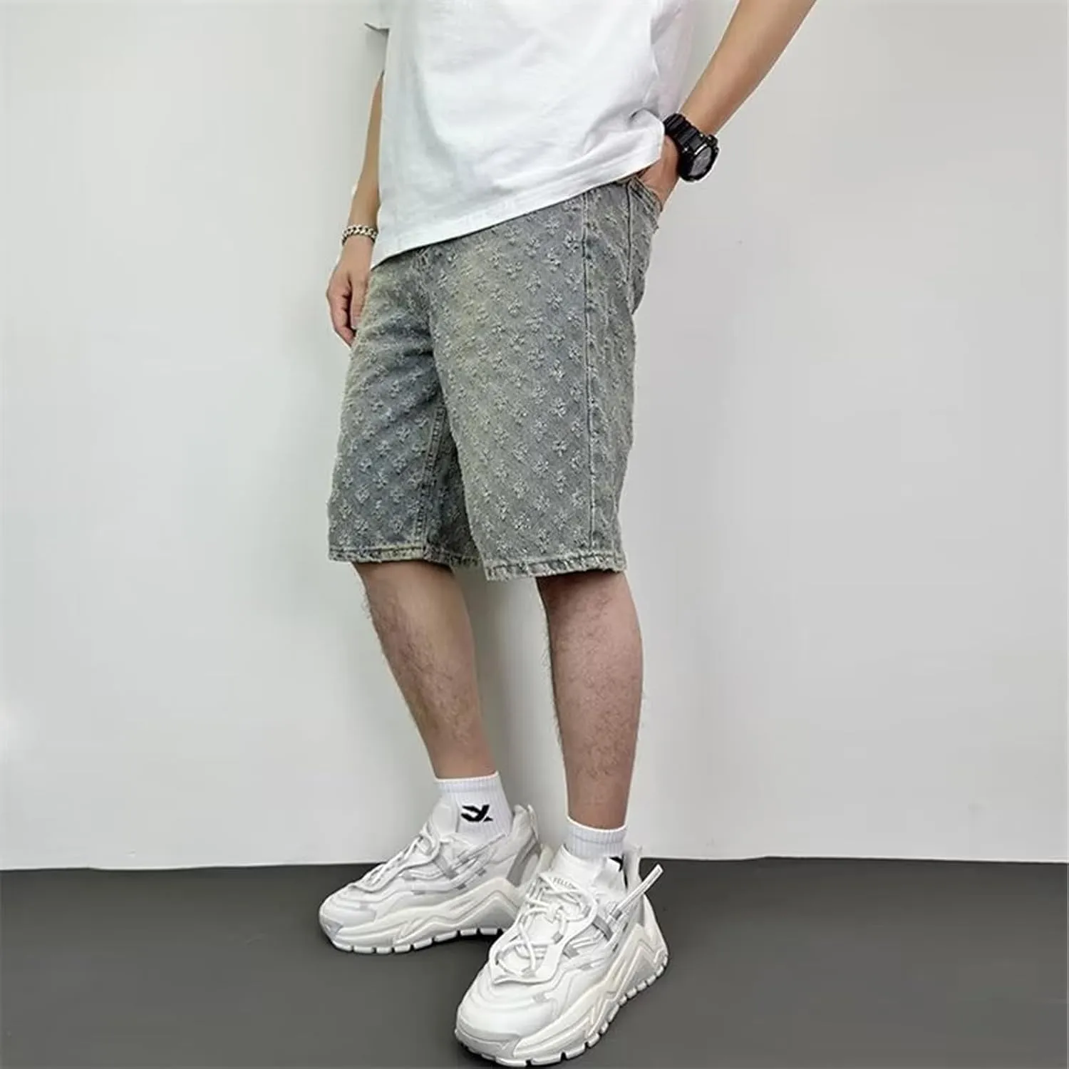 Men's Distressed Denim Shorts - Vintage wash Casual Relaxed fit, high Street Style, Straight Cut