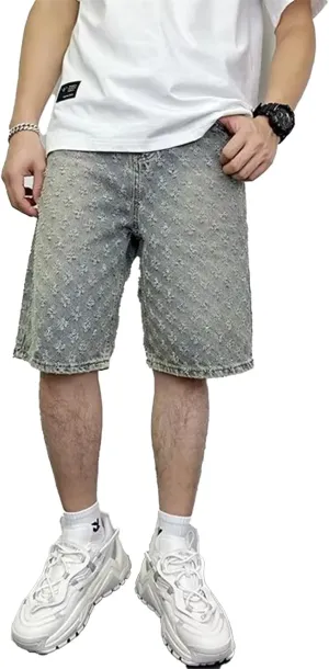 Men's Distressed Denim Shorts - Vintage wash Casual Relaxed fit, high Street Style, Straight Cut