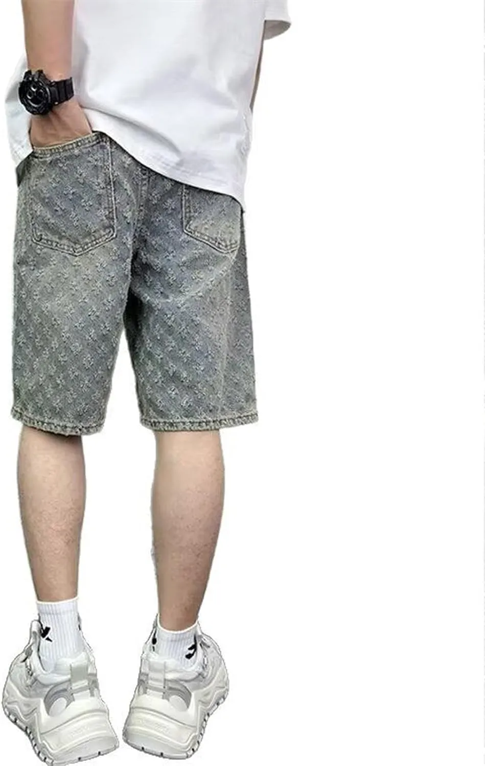 Men's Distressed Denim Shorts - Vintage wash Casual Relaxed fit, high Street Style, Straight Cut