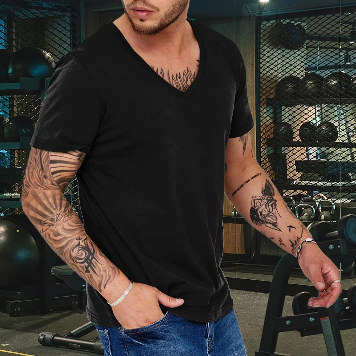 Mens Fitness V Neck Tshirts Plus Size Quick Dry Short Sleeve Stretch Casual Training Tops Workout Gym Running Muscle Shirts