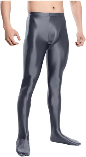 Men's Glossy Compression Tights Pants Footed Leggings Base Layer Training Long Trousers Slim Fit Stretchy Tights