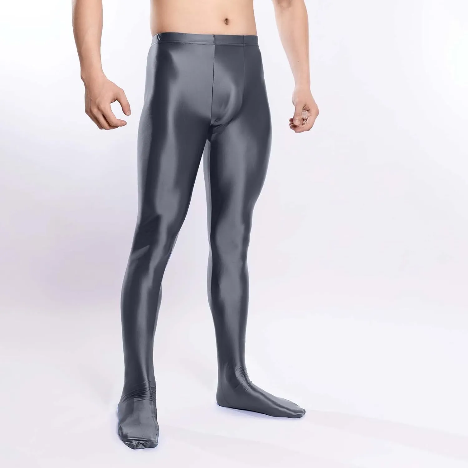Men's Glossy Compression Tights Pants Footed Leggings Base Layer Training Long Trousers Slim Fit Stretchy Tights