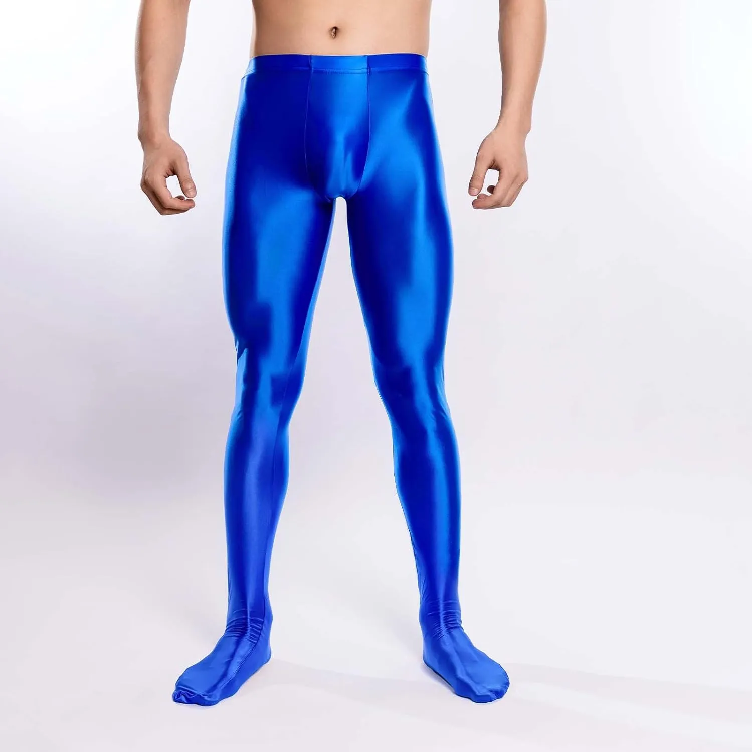 Men's Glossy Compression Tights Pants Footed Leggings Base Layer Training Long Trousers Slim Fit Stretchy Tights