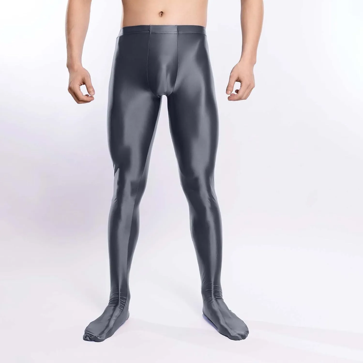 Men's Glossy Compression Tights Pants Footed Leggings Base Layer Training Long Trousers Slim Fit Stretchy Tights